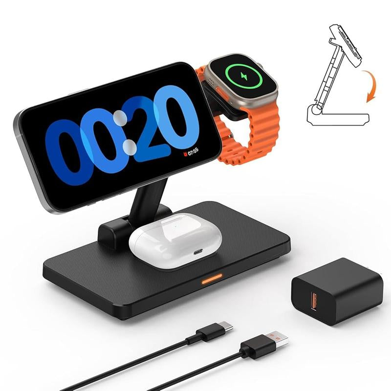 Wireless Charging Station for Iphone Mag-Safe, 3-In-1 Foldable Charger Phone Stand for Iphone 16/15/14/13/12 Pro/Max/Plus - for Airpods - for Apple Watch 2-10/Ultra