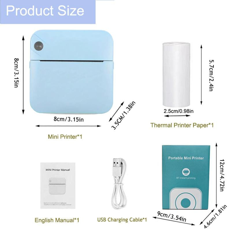 Portable Mini Printer, 1 Set USB Rechargeable Wireless Thermal Printer with Print Paper, Portable Photo Printer for Home Office School, Stocking Fillers Gift
