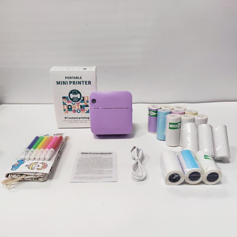 Portable Mini Printer, 1 Set USB Rechargeable Wireless Thermal Printer with Print Paper, Portable Photo Printer for Home Office School, Stocking Fillers Gift