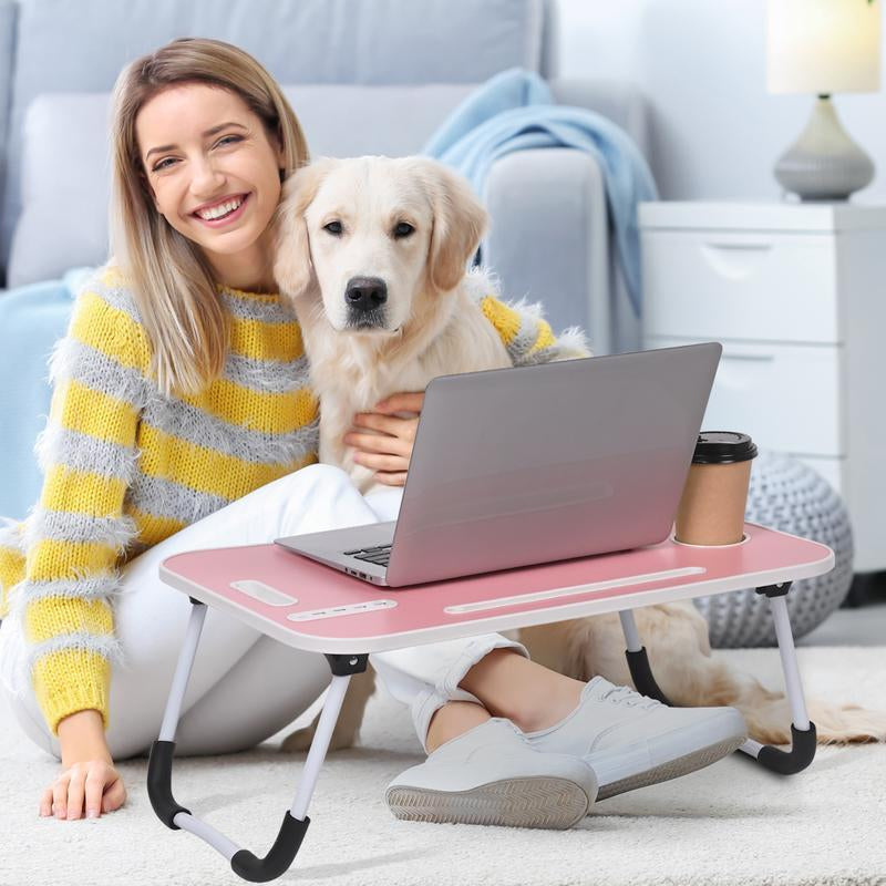 Portable Foldable Laptop Table, Lap Desk Tray Table with 4 USB Ports, Storage Drawer and Cup Holder, for Bed/Couch Working, Reading