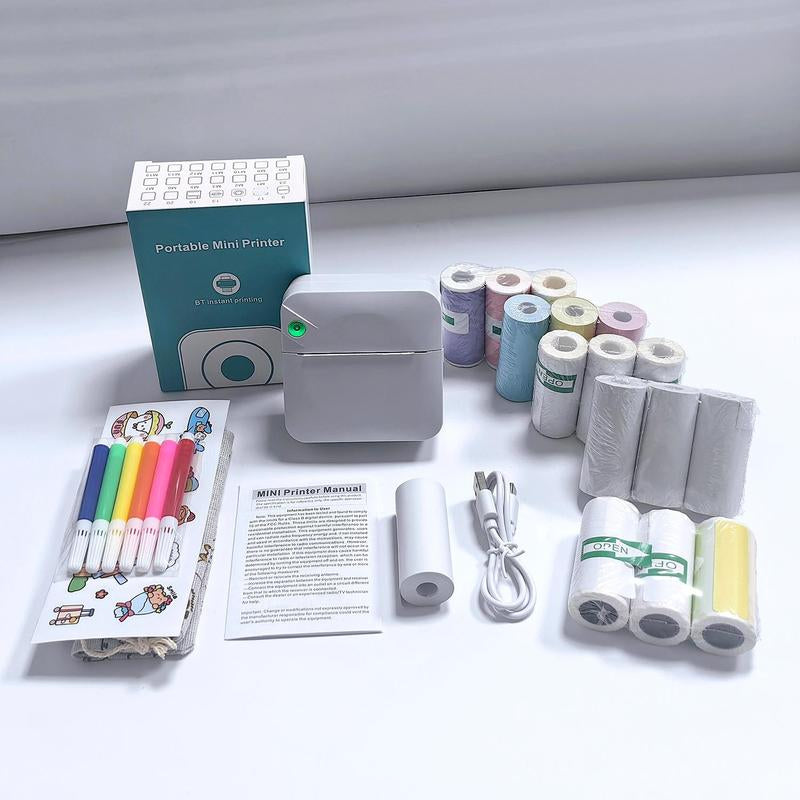 Portable Mini Printer, 1 Set USB Rechargeable Wireless Thermal Printer with Print Paper, Portable Photo Printer for Home Office School, Stocking Fillers Gift