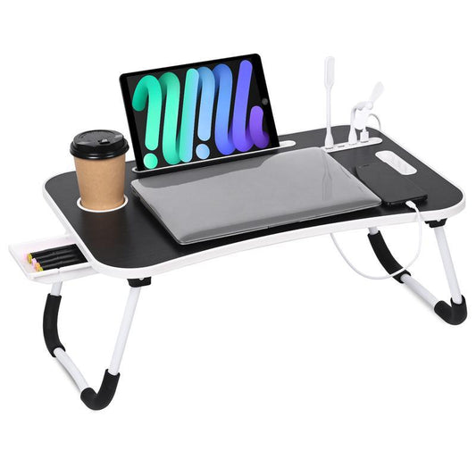 Portable Foldable Laptop Table, Lap Desk Tray Table with 4 USB Ports, Storage Drawer and Cup Holder, for Bed/Couch Working, Reading