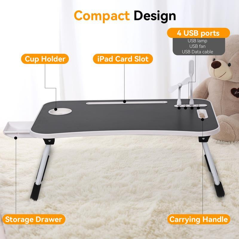 Portable Foldable Laptop Table, Lap Desk Tray Table with 4 USB Ports, Storage Drawer and Cup Holder, for Bed/Couch Working, Reading