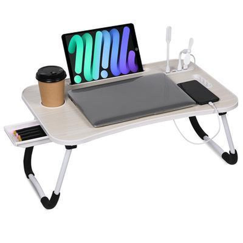 Portable Foldable Laptop Table, Lap Desk Tray Table with 4 USB Ports, Storage Drawer and Cup Holder, for Bed/Couch Working, Reading