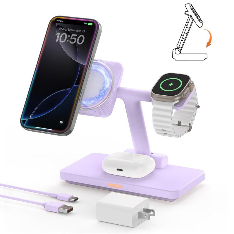 Wireless Charging Station for Iphone Mag-Safe, 3-In-1 Foldable Charger Phone Stand for Iphone 16/15/14/13/12 Pro/Max/Plus - for Airpods - for Apple Watch 2-10/Ultra