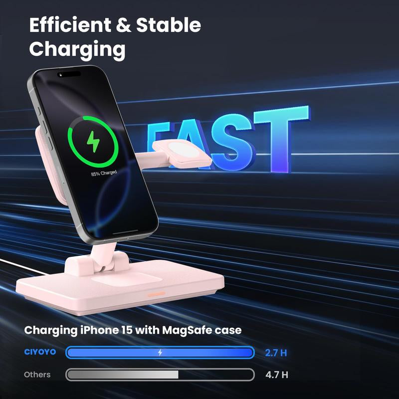 Wireless Charging Station for Iphone Mag-Safe, 3-In-1 Foldable Charger Phone Stand for Iphone 16/15/14/13/12 Pro/Max/Plus - for Airpods - for Apple Watch 2-10/Ultra