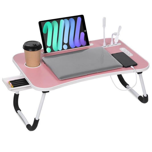 Portable Foldable Laptop Table, Lap Desk Tray Table with 4 USB Ports, Storage Drawer and Cup Holder, for Bed/Couch Working, Reading