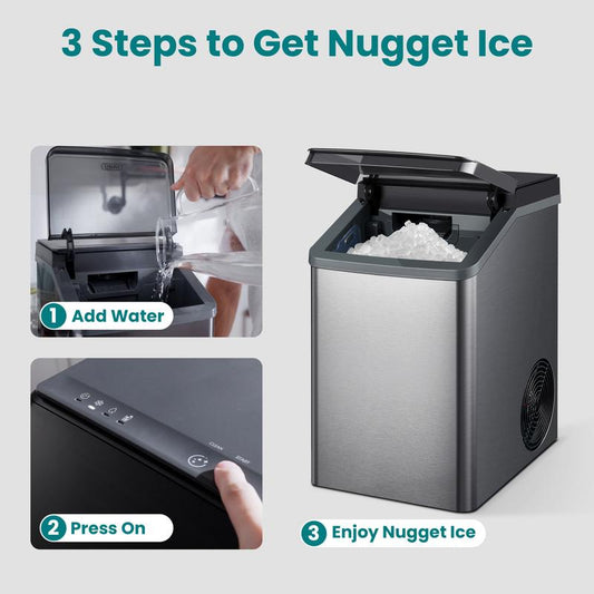 【Springtok】Gevi KNOVA Gemi Nugget Ice Maker, Countertop Pellet Ice Machine with Self-Cleaning, Sleek Stainless Steel Housing (Gray)